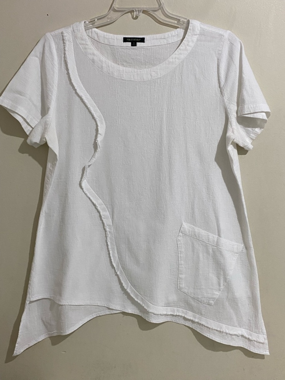 For Cynthia White Short-Sleeve Textured Pocket Tee Beach Boho
